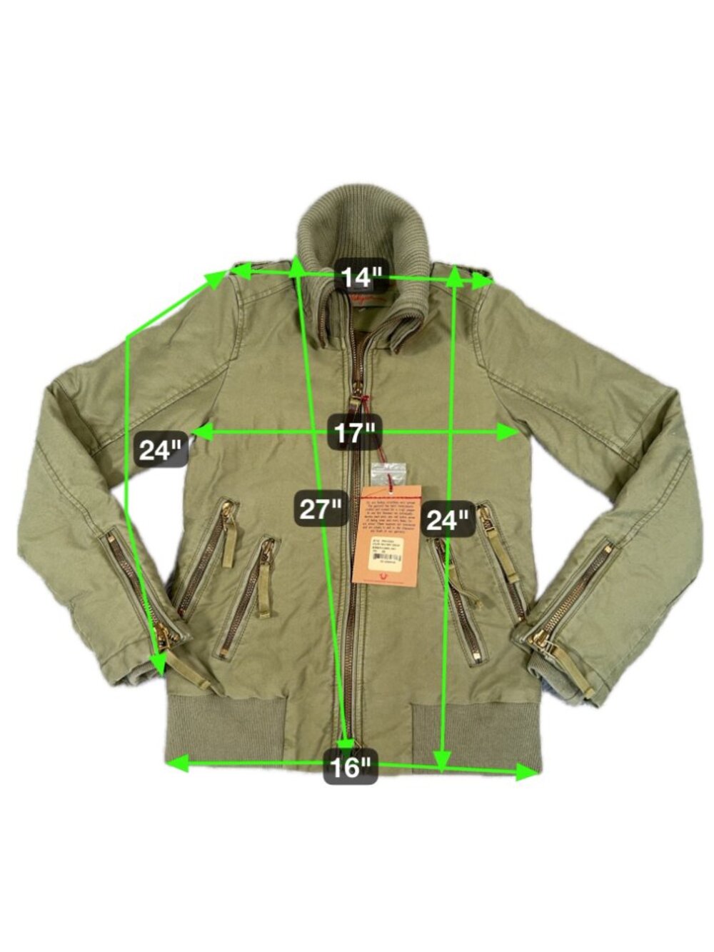 True Religion Military Green Bomber Funnel Knit Jacket Womens XS Stylish Casual - Picture 3 of 16